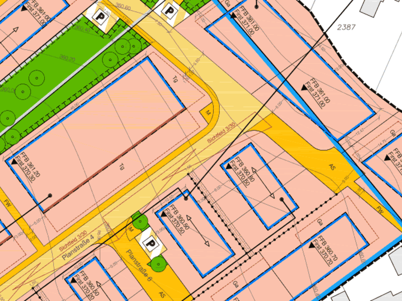 Auf dem Bild ist ein farbiger, detaillierter Flächennutzungsplan zu sehen, der verschiedene Parzellen in einer Stadt oder einem Dorf mit Beschriftungen und Maßangaben zeigt.