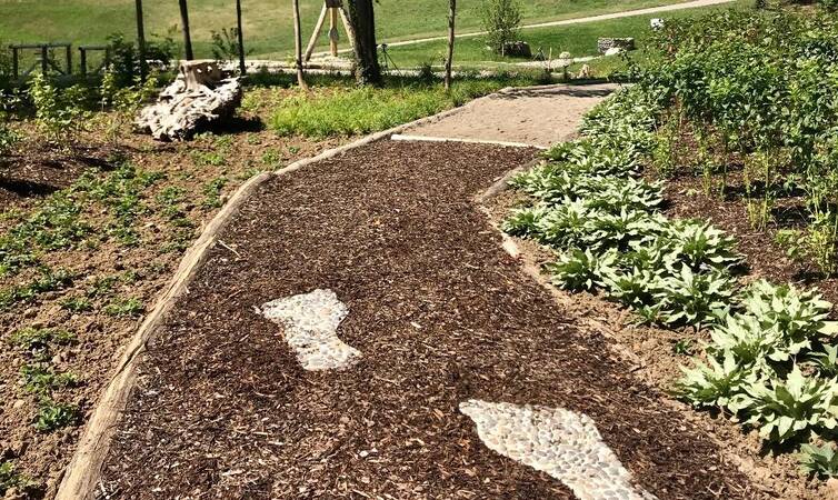 ein Weg aus Rindenmulch mit zwei großen geformten Fußabdrücken als Steinbett eingelassen in den Weg, welcher an beiden Seiten grün bepflanzt ist.  In der Fortführung des Weges folgt ein mit Sand gefüllter Wegabschnitt. Blauer Himmel und Bäume im Hintergrund des Bildes. 