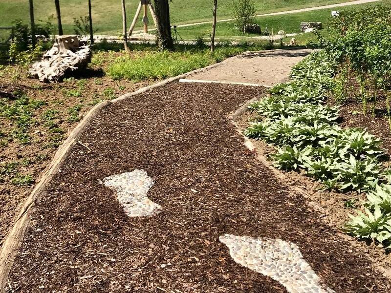 ein Weg aus Rindenmulch mit zwei großen geformten Fußabdrücken als Steinbett eingelassen in den Weg, welcher an beiden Seiten grün bepflanzt ist.  In der Fortführung des Weges folgt ein mit Sand gefüllter Wegabschnitt. Blauer Himmel und Bäume im Hintergrund des Bildes. 