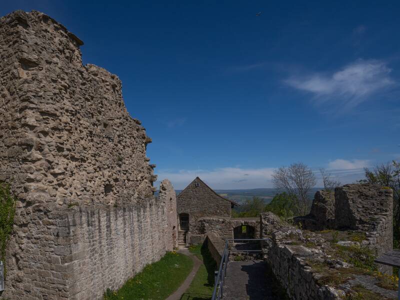 Eine alte, teils überwucherte Burgruine unter klarem, blauem Himmel mit Blick auf eine weite Landschaft im Hintergrund.