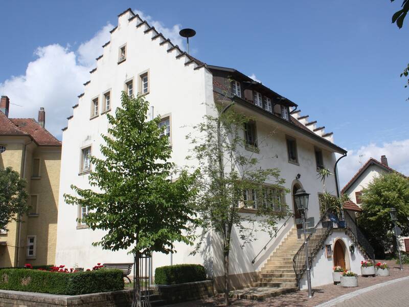 historisches Gebäude mit Pyramidentreppenaufgang mit Vorgarten und Bäumen