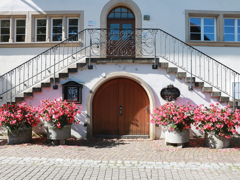 Treppenaufgang in Pyramidenform, darin eine braunes Holztor links und rechts je 2 Blumentöpfe mit rosa Blumen