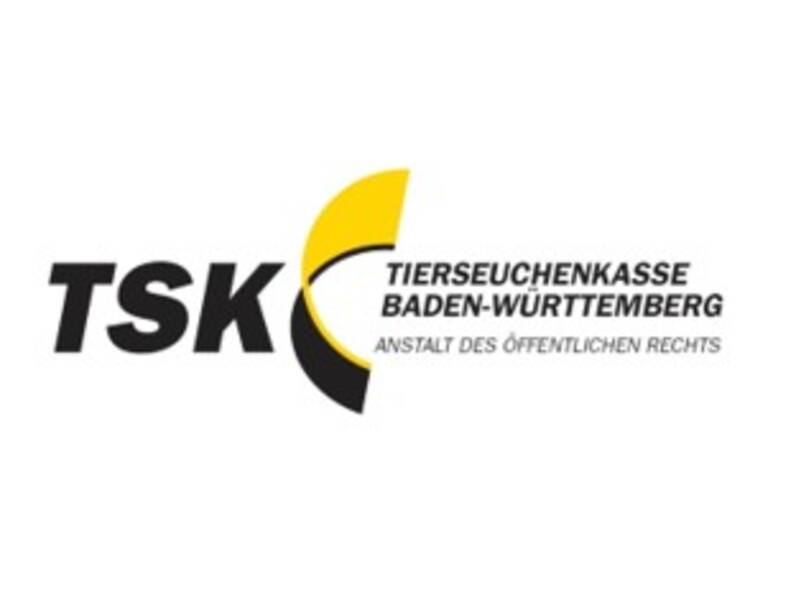 Das Bild zeigt das Logo der Tierseuchenkasse Baden-Württemberg mit den Buchstaben "TSK" in schwarz neben einem gelben und schwarzen grafischen Element.