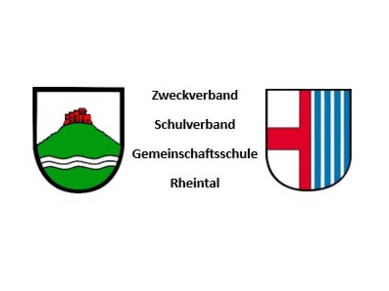 auf dem Bild links  Wappen der Gemeinde Küssaberg und rechts das Wappen der Gemeinde Hohentengen,  in der Mitte zwischen den Wappen ein Schriftzug "Zweckverband Schulverband Gemeinschaftsschule Rheintal"