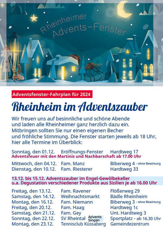 pdf Datei zeigt ein Weihnachtsbild hell beleuchteter Häuser und Sterne am Nachthimmel, darunter folgend eine Terminauflistung der Adventsfenster