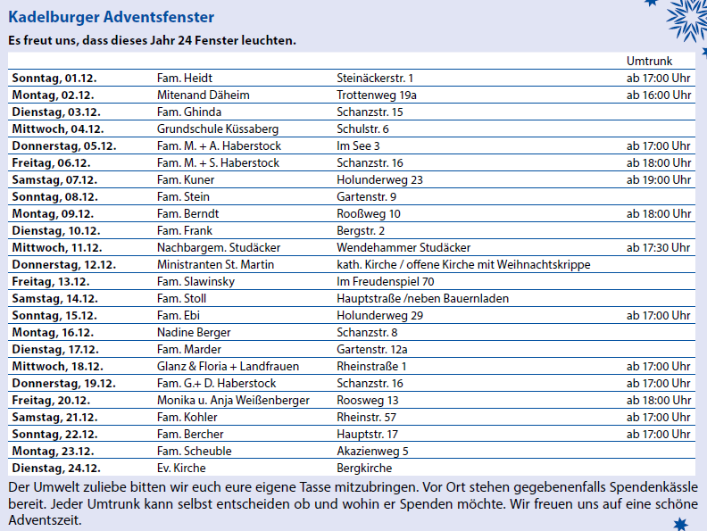 Eine Tabelle listet die Termine und Adressen der Kadelburger Adventsfenster von verschiedenen Familien und Einrichtungen vom 1. bis 24. Dezember mit jeweils unterschiedlicher Uhrzeit auf.