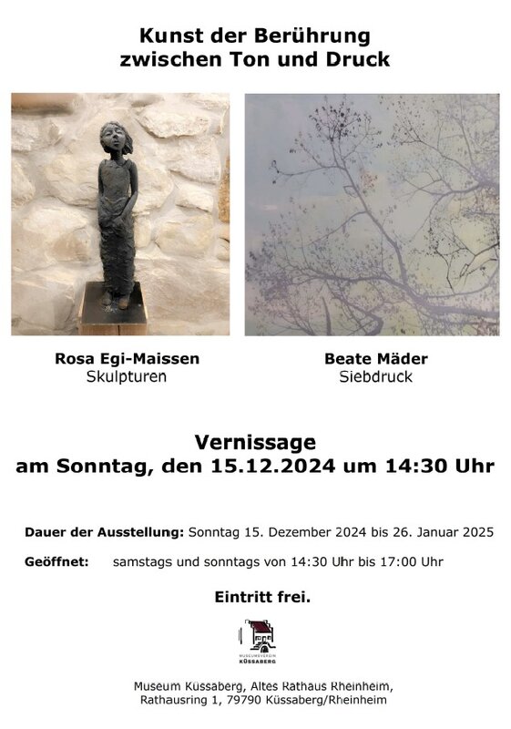 auf dem Plakat sind das Bild einer Skulptur und ein Siebdruckbild zu sehen. In großer Schrift die Einladung zur Vernissage im Museum Küssaberg am Sonntag, 13. Dezember 2024 