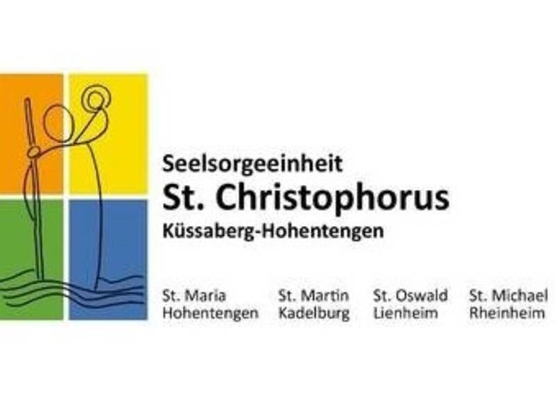 Das Logo zeigt eine stilisierte Figur in einem farbigen Vier-Quadranten-Design, daneben stehen die Worte "Seelsorgeeinheit St. Christophorus Küssaberg-Hohentengen" mit den Namen mehrerer Kirchen darunter.