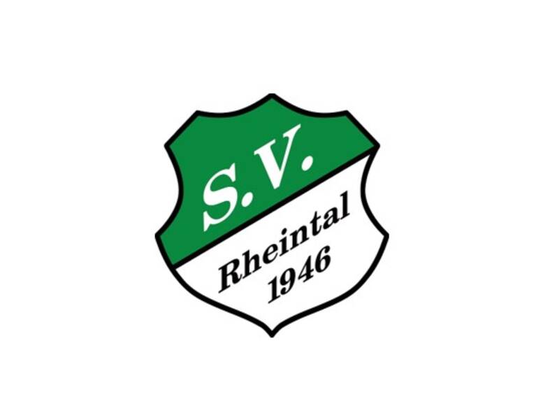 Das Bild zeigt ein grün-weißes Wappen mit der Aufschrift "S.V. Rheintal 1946".